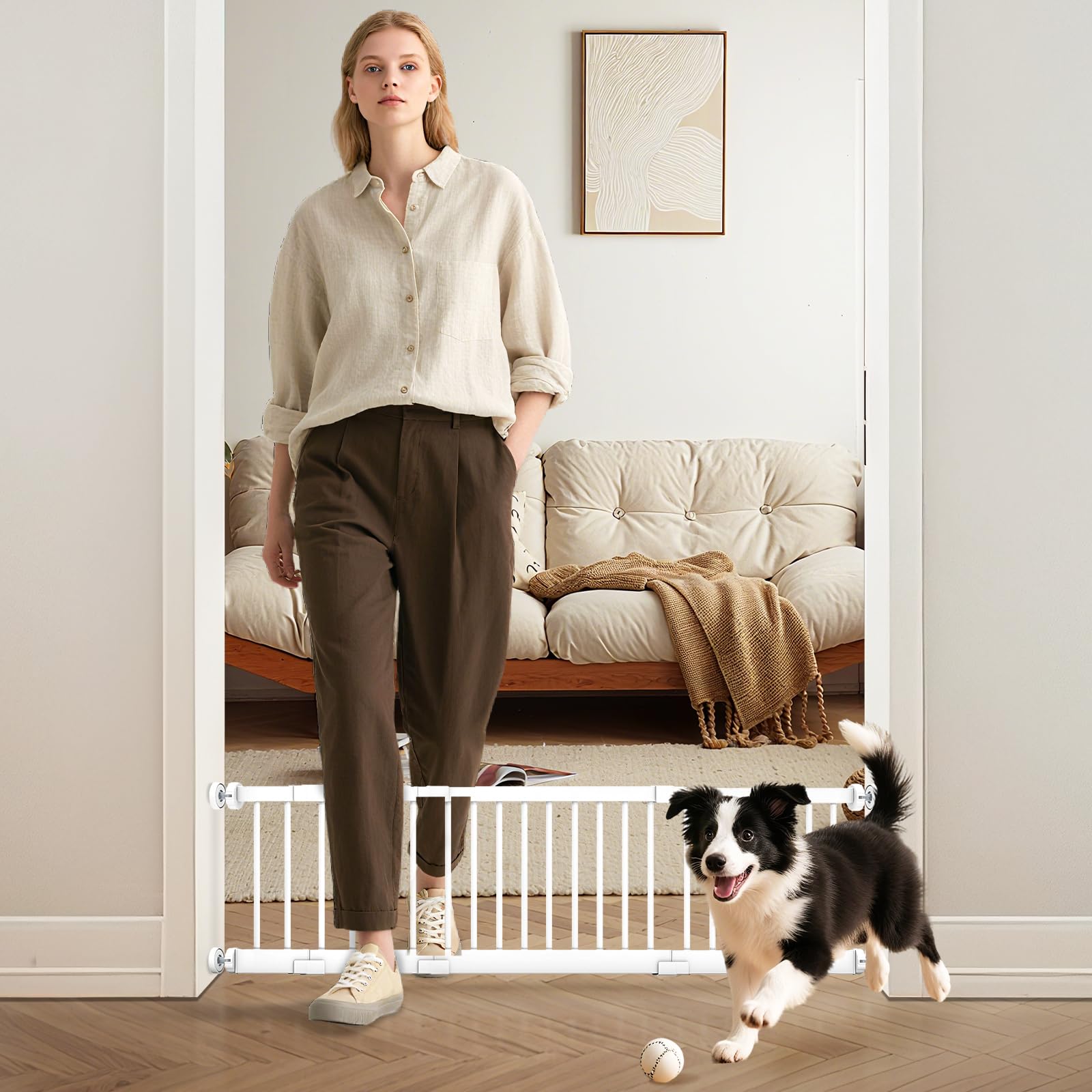 Photo 1 of Metal Dog Gate for Small Dogs, 17"- 44" Adjustable Extra Wide Gate to Step Over, 10'' Tall Short Dog Pet Gate with 4 Extension Kits, Pressure Mounted Indoor Outdoor Pet Gate for Doorways & Stairs