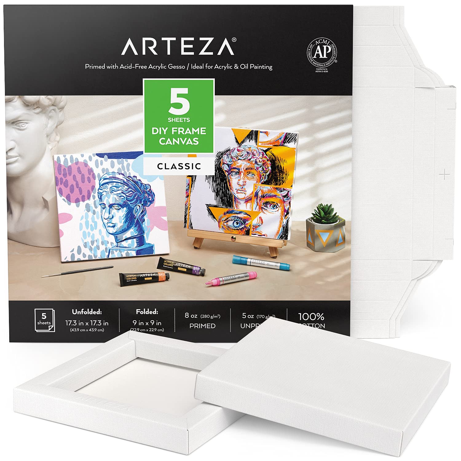 Arteza DIY Frame Canvases for Painting, 5 Sheets, 9 x 9 inches - Folded, 100% Cotton, 8 oz Primed Square White Canvas, Art Supplies for Acrylic and Oil Painting and Drawing