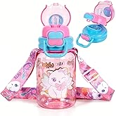 YOYTOO Kids Water Bottle with Pop-Open Straw & Spout 2-in-1 Lid, 20oz Leak-Proof Tritan Plastic BPA-Free Kids Cup with Strap for School Travel Sports Girls Toddler, Cat