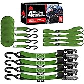 Jack Boss Ratchet Tie Down Straps Set,1500 lbs Break Strength, 1" x 15' Heavy Duty Ratchet Straps with 4X Soft Loops Padded Handles Coated S Hook, Fits for Moving Appliances Motorcycle ATV Truck,Green