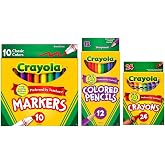 Crayola Classic Bundle: 3 Items - Crayons (24 Count), Broad Line Markers (10 Count), Colored Pencils (12 Count)