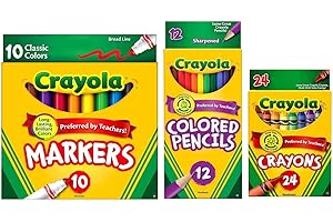 Crayola Classic Bundle: 3 Items - Crayons (24 Count), Broad Line Markers (10 Count), Colored Pencils (12 Count)