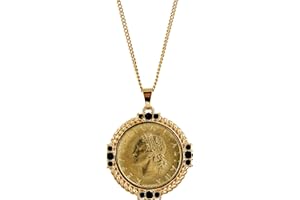 American Coin Treasures Italian 20 Lira Coin Pendant Necklace - Lire Goldtone Pendant with Faceted Round Jet Glass Stones| It