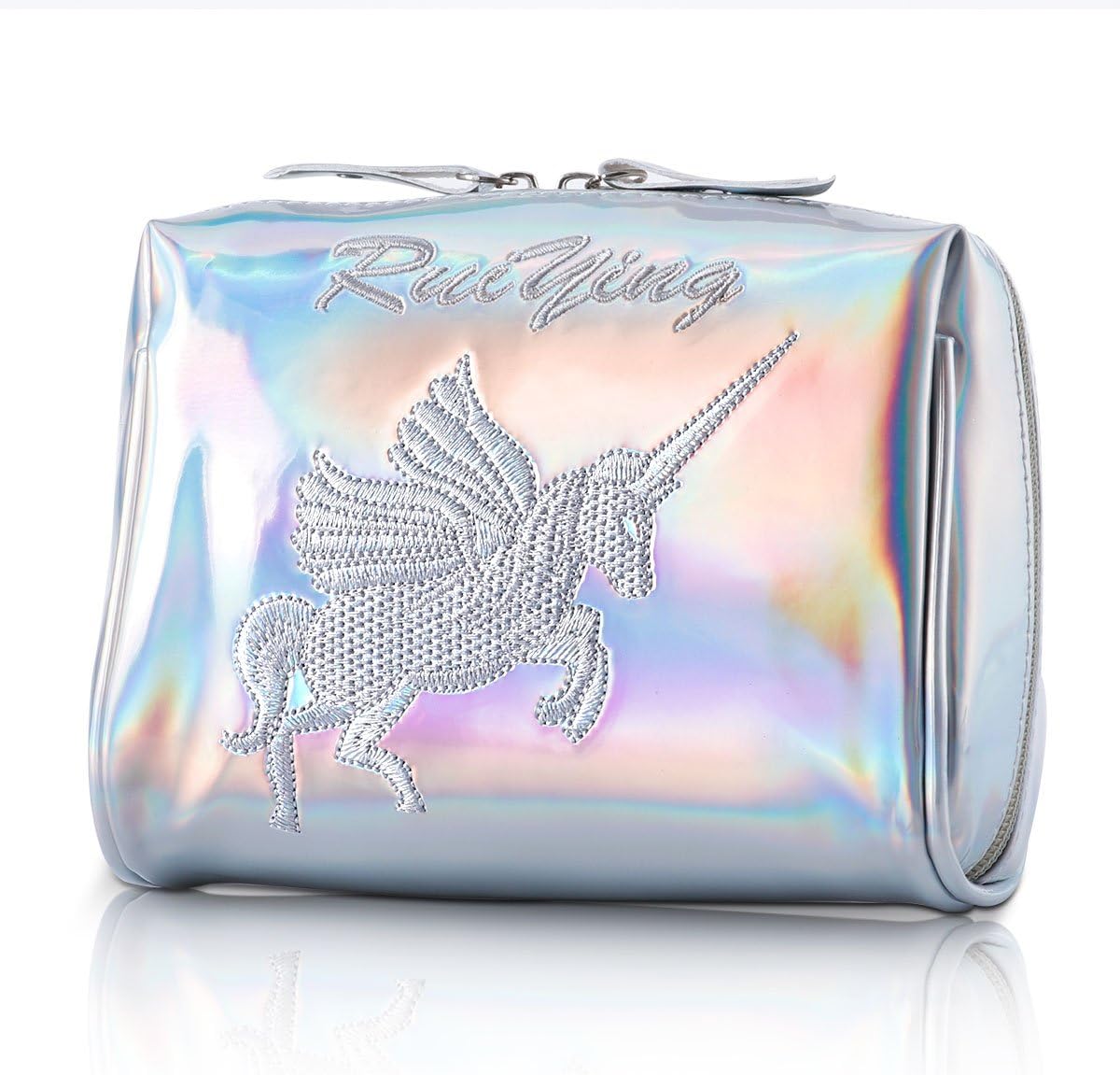 Makeup Bag Portable Zipper Handbag Embroidered Unicorn Travel Cosmetic Bag Wallet Cellphone Bag (Silver)