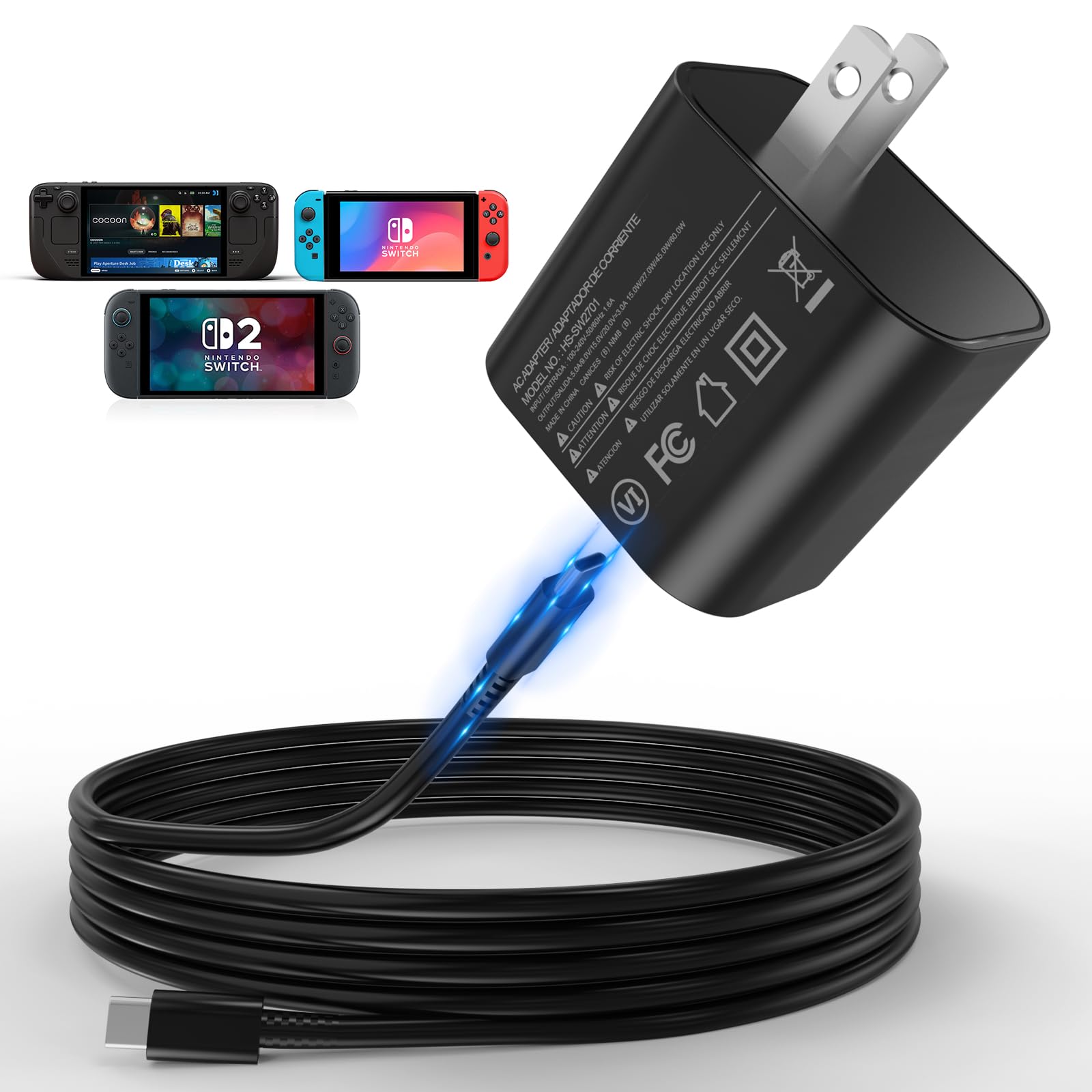 60W Charger for Switch 2, Wodbymat 20V/3A Fast Charging | Support 4K TV Dock Compatible for Switch 2&1/OLED & Steam Deck | 5FT USB-C Cable
