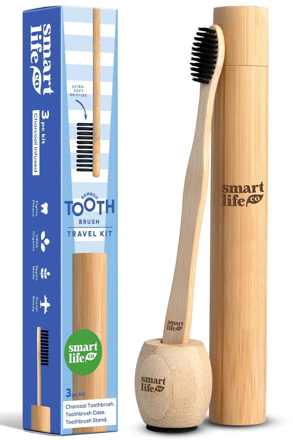 Photo 1 of Bamboo Charcoal Toothbrush with Travel Case & Holder Kit - Extra Soft Natural Bristles for Sensitive Teeth | Eco Friendly Portable Wooden Travel Set | Single Wood Toothbrushes Stand & Cover