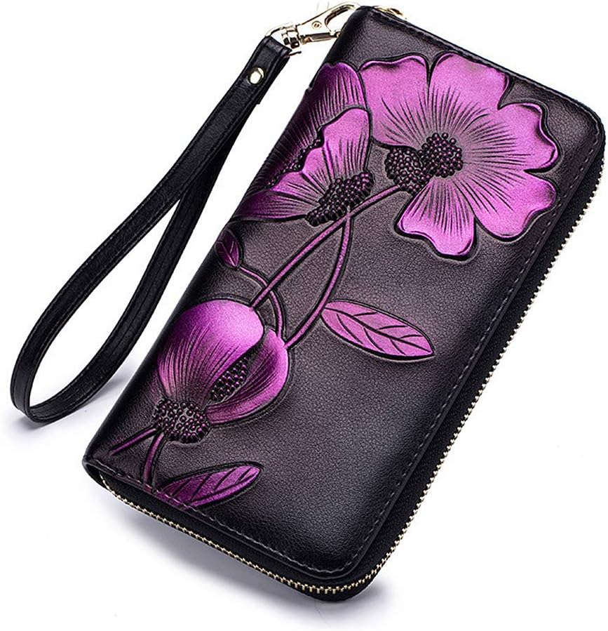 Women Rfid Blocking Wallet Embossed Zip Around Clutch Purse with Wristlet