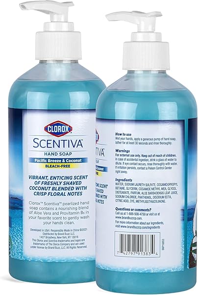 CLOROX SCENTIVA LIQUID HAND SOAP, PACIFIC BREEZE & COCONUT SCENT – BLEACH-FREE SCENTED HAND HAND WASH WITH ALOE VERA & PROVITAMIN B5 FOR KITCHEN OR BATHROOM, 14 FL OZ – 2 PACK