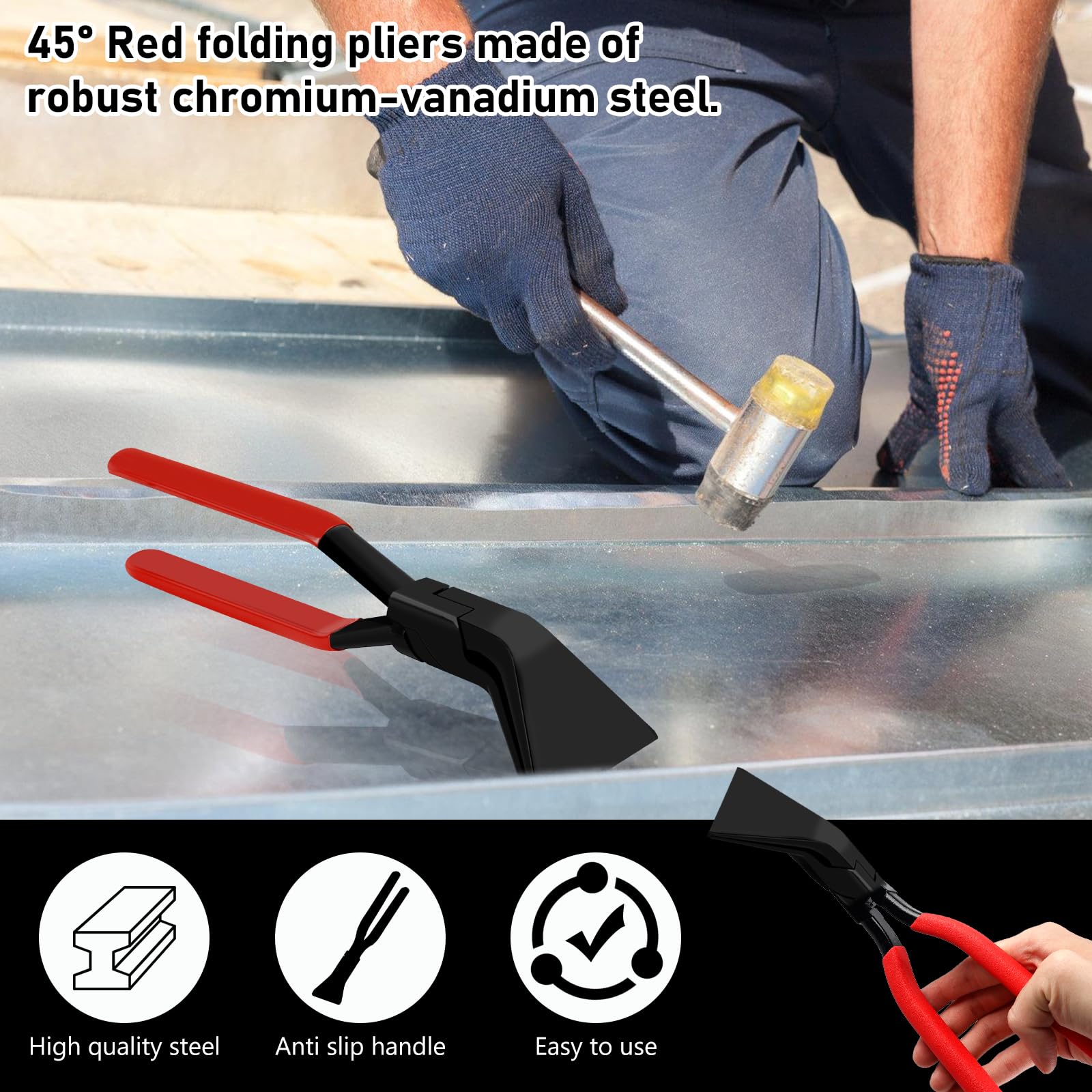 WIYETY Rot Abkantzange Falzzange: Abfalzen Werkzeug mit Rutschfestem Griff, Breit 60 mm Biegezange, Dachdecker Werkzeug aus Chrom-Vanadium-Stahl, Blechbiegezange für Heimwerker (45°) 3