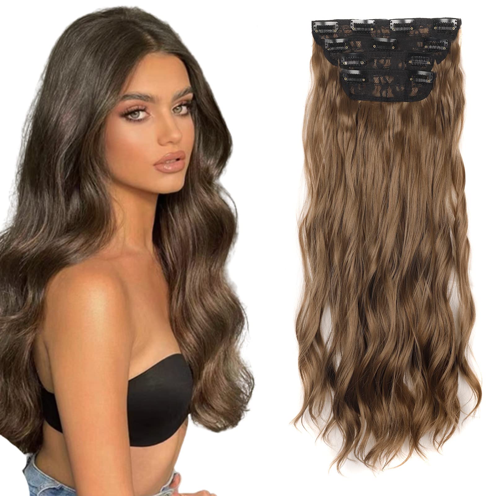 Gairyan Clip in Hair Extensions 4PCS Curly Wavy Long Hair Pieces Full Head Synthetic Hair Extension Thick Natural Look for Women, 22 Inches 180g, Ash Blonde — image 1