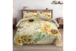 WeCozy Comforter Set Queen Size, Flower Rustic Thanksgiving Soft Bedding Set with 2 Pillowcases for Kids and Adults, Sunflower Floral Yellow Comforter Set for Bedroom Bed Decor