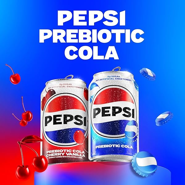 PEPSI PREBIOTIC COLA, 12 FL OZ CAN, 30 CALORIES, 5G PREBIOTIC FIBER, 5G SUGAR, SODA POP