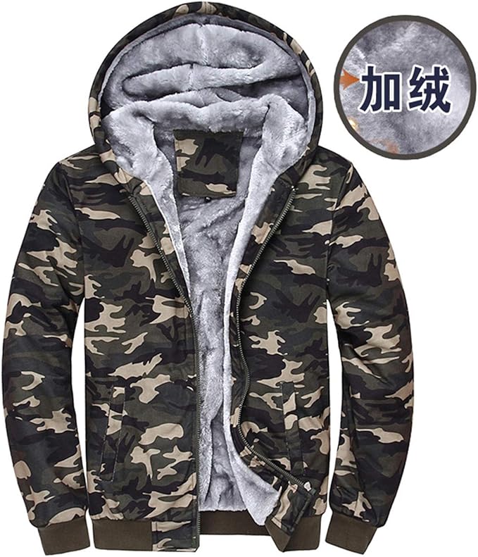 Camo Fleece Hoodie for Men Heavyweight Sherpa Lined Full Zip Up Mens