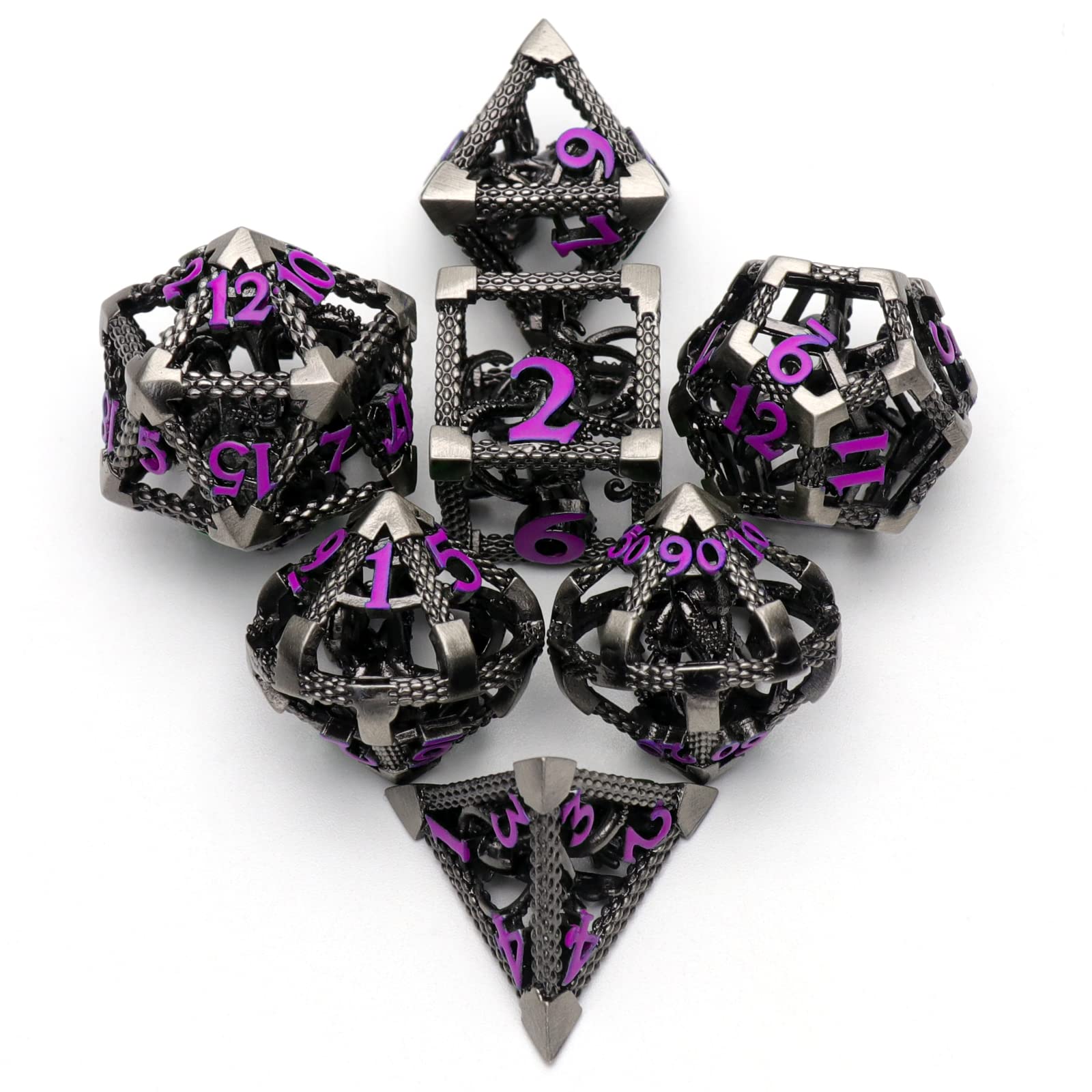 DND Dice, Metal Game Dice Dungeons and Dragons Dice Set HNCCESG Hollow 3D Cthulhu D&D Dice Polyhedral Dice Set for Pathfinder RPG DND Dice Set W20 W12 W10 W8 W6 W4 (Cthulhu Purple Number)