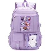 PRLINJSK Kawaii Backpack for Teen Girls, Cute Aesthetic High Middle School College Bookbag with Accessories,Light Purple