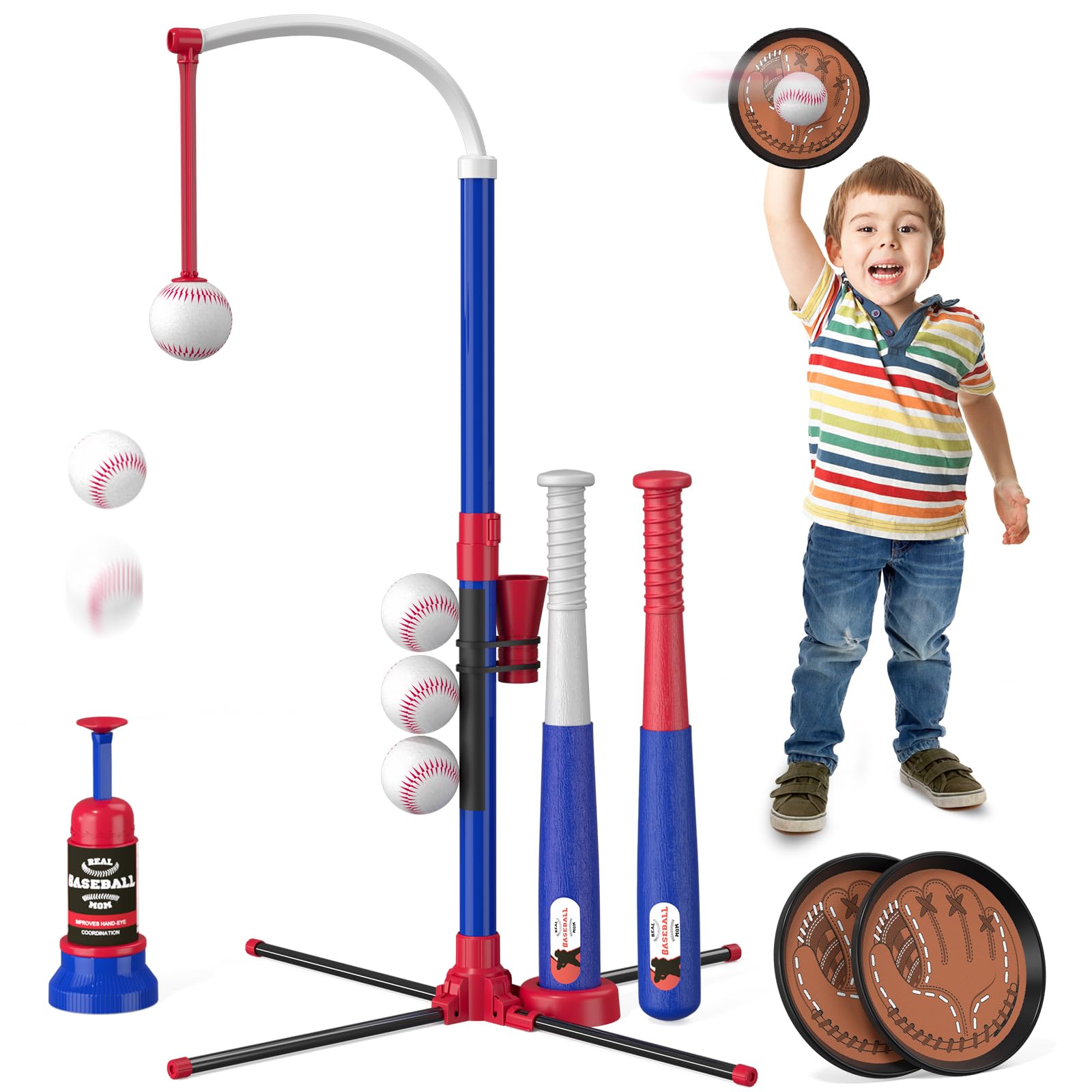 4-in-1 Baseball with Toss and Catch Ball Set for Kids 3-5, Tee Ball Stand, Hanging Tee, Ball Launcher and 6 Softballs, Adjustable Height, Indoor Outdoor Sport Gifts for Kids, blue