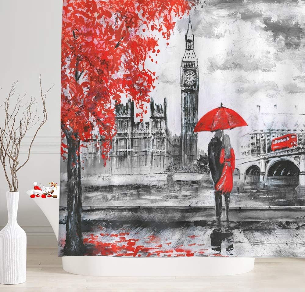 Love Decor Oil Painting Art Bathroom Shower Curtains, Street View of London River and Bus Bridge Artwork Big Ben Black White and Red Graphic Print, Waterproof Fabric Bathroom Decor Set, 69X70 Inches