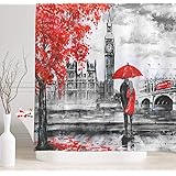 Love Decor Oil Painting Art Bathroom Shower Curtains, Street View of London River and Bus Bridge Artwork Big Ben Black White and Red Graphic Print, Waterproof Fabric Bathroom Decor Set, 69X70 Inches