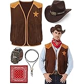 Ragelion 5 Pcs Cowboy Outfits for Men Western Cowboy Costume Vest Hat Necktie Buckle Belt Necklace for Halloween Cosplay