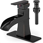 HOIGY Brass Bathroom Waterfall Faucet, Oil Rubbed Bronze Bathroom Faucet 1 Hole or 3 Holes (4 Inch), Single Handle with Deck Plate, Pop-Up Drain & Water Hoses for RV Vanity Farmhouse, 5 Mins Install
