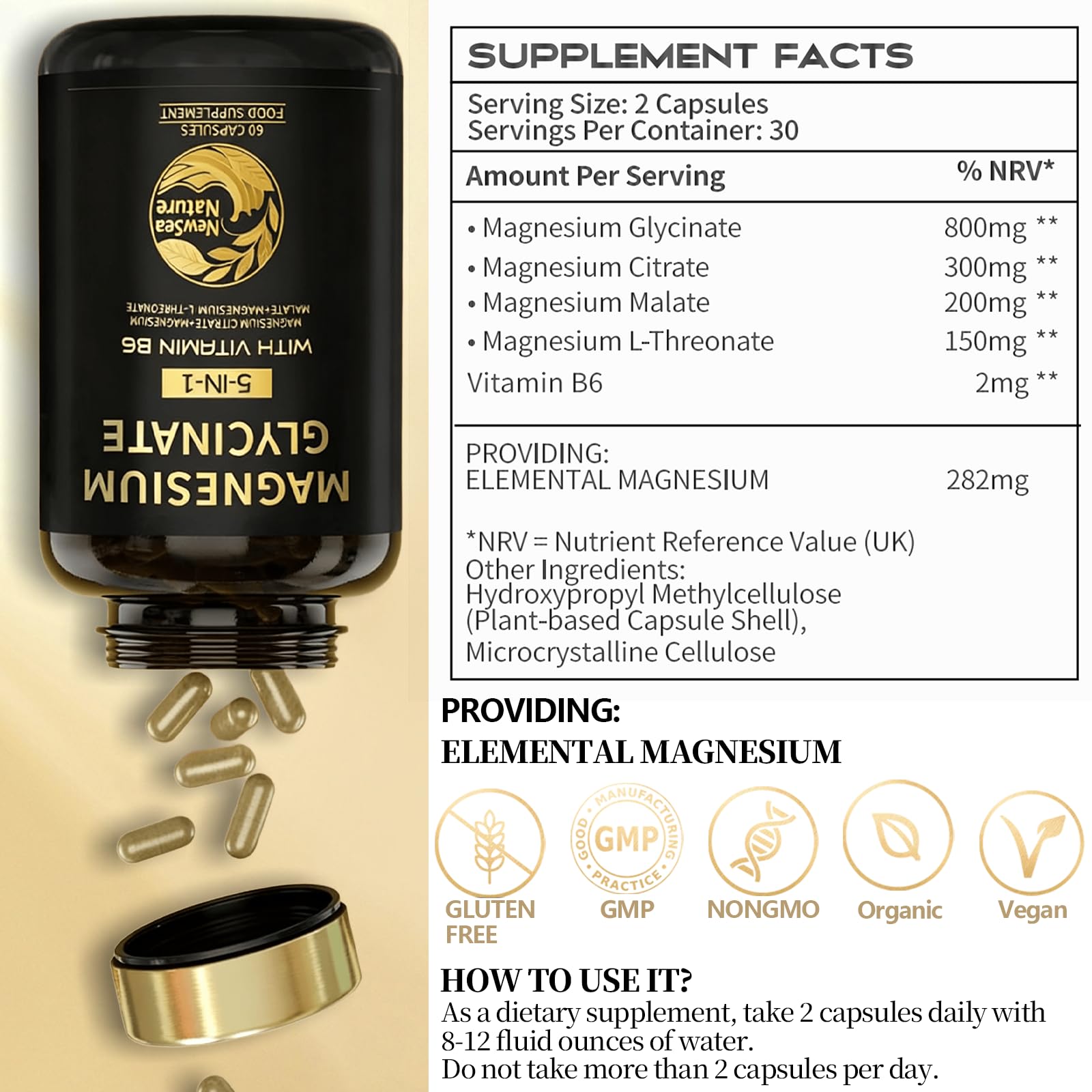 Magnesium Glycinate Supplements 800mg Glycinate,300mg Citrate,200mg Malate,150mg Gluconate Magnesium Complex | 282mg Elemental Mg | with Vitamin B6 | High Absorption | 60 Vegan Tablets | Gluten-Free