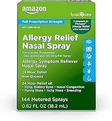 Amazon Basic Care 24-Hour Allergy Relief Nasal Spray, Fluticasone Propionate (Glucocorticoid), 50 mcg, Full Prescription Stre