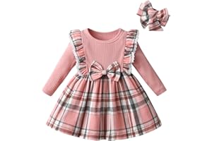 Sinipart Infant Toddler Baby Girls One-Piece Dress Long Sleeve Bow Plaid Skirt Autumn Princess Headband 2pcs Outfits Set