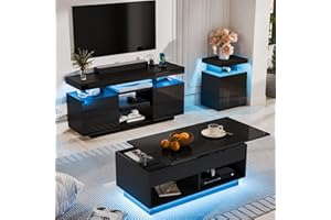 HOMMPA LED Lift Top Coffee Table and TV Stand Set of 2,Modern LED Entertainment Center with Power Outlets for up to 55" TV, Coffee Table with Hidden Compartment & 2 Open Shelve Black