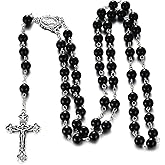 Rnivida Catholic Black Rosary Beads Necklace with Jesus Crucifix, Catholic Prayer Rosary
