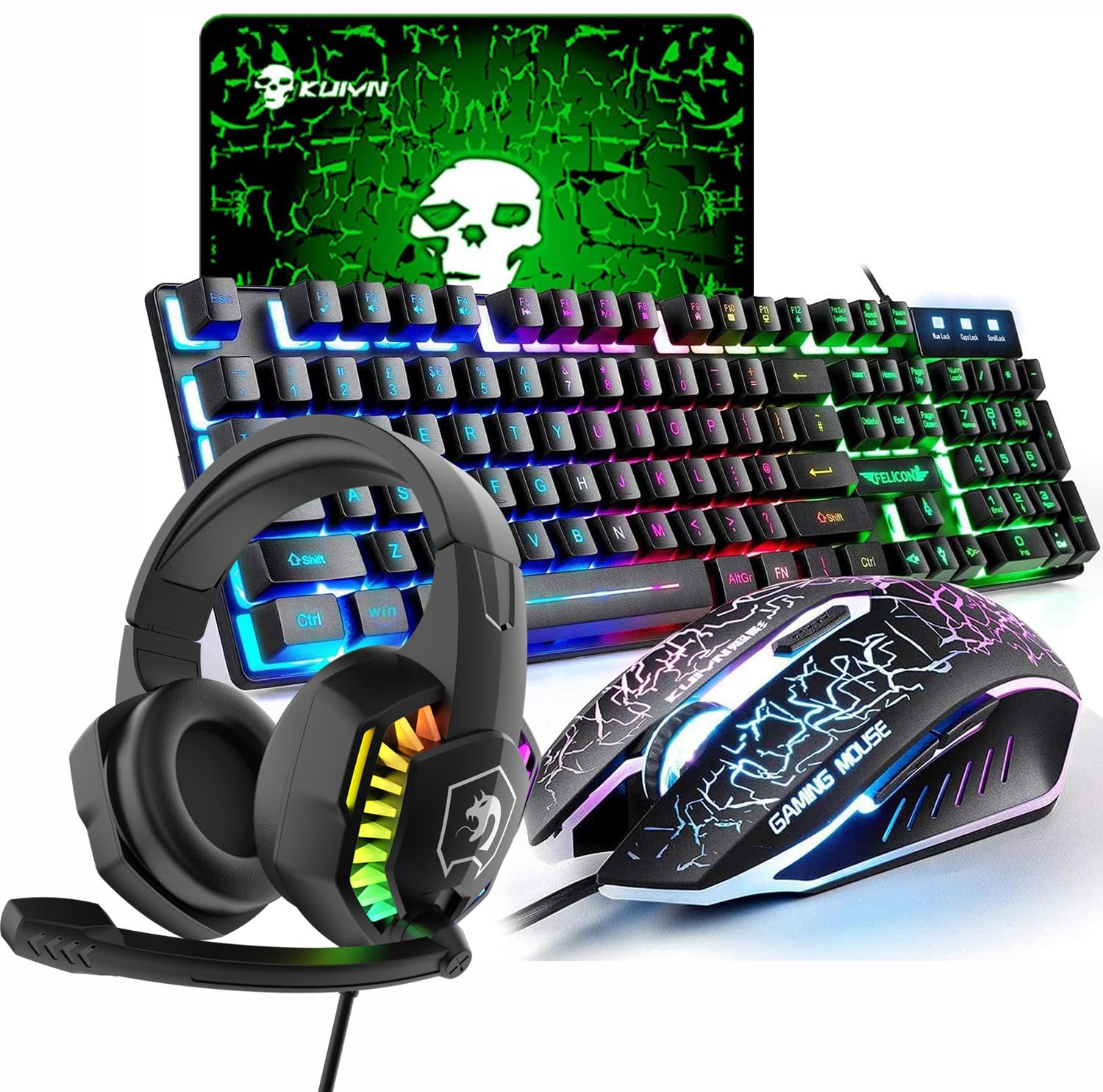LexonElec UK Layout 4-in-1 Gaming Keyboard and Mouse Set With Rainbow Backlit USB, 2400DPI 6 Buttons Optical LED Mouse, Headset and Mouse Pad for PC/Mac-Black