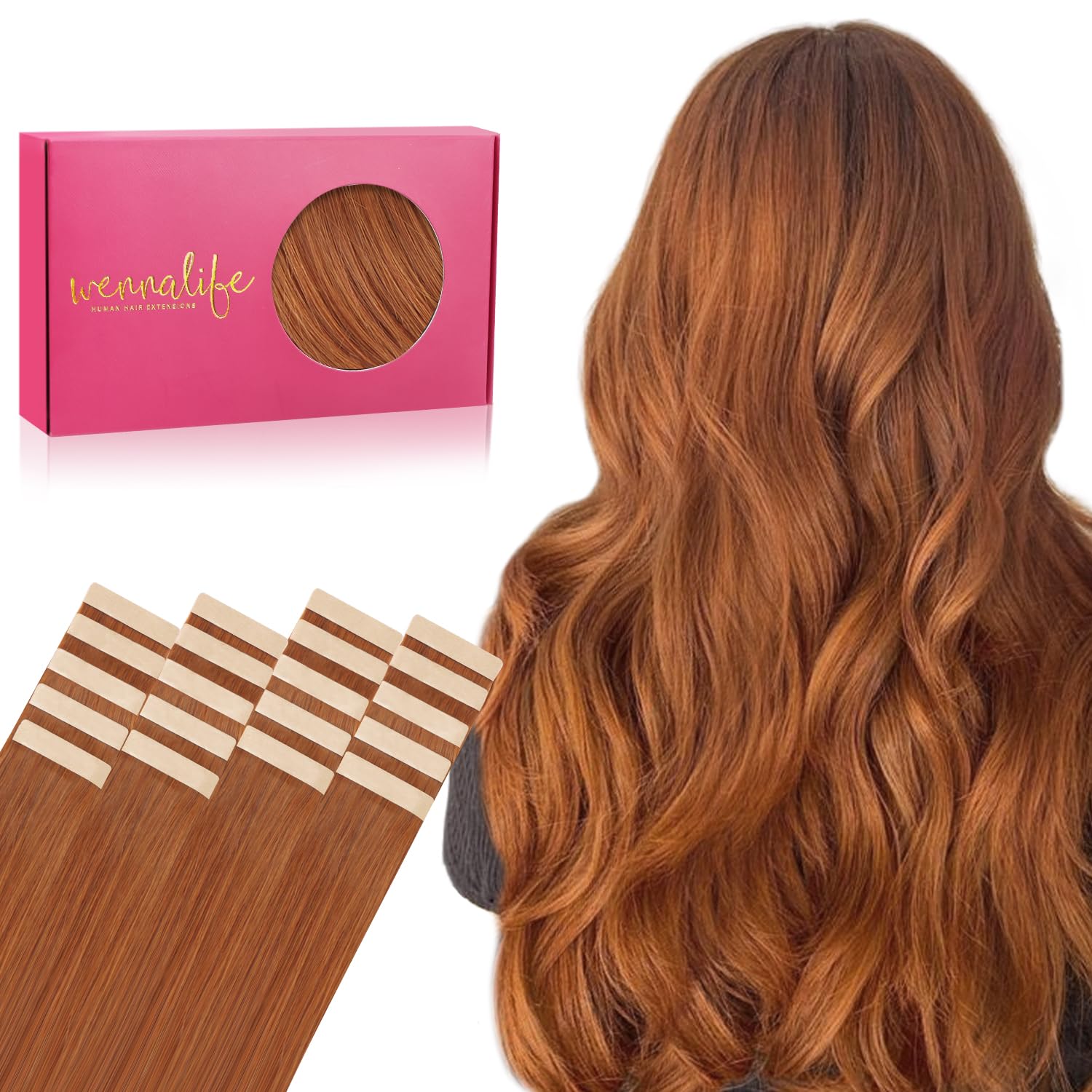 WENNALIFE Tape in Hair Extensions Human Hair, 14inch 20pcs 50 Dirty Ginger Real Human Hair Tape Extensions