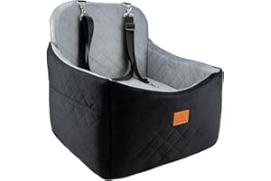 Dog Car Seats for Small/Medium Dogs, FurFrolic Memory Foam Dog Booster Seat for Small Dogs up to 35 lbs, Travel Pet Car Seat with Washable Detachable Cover, Storage Pockets, 2 Safety Belts, Black Gray