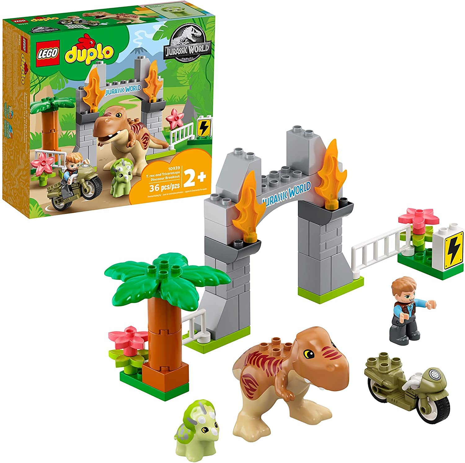 LEGO DUPLO Jurassic World T. rex and Triceratops Dinosaur Breakout 10939 Building Toy Gift for Young Dinosaur Fans; New 2021 (36 Pieces), Multicolor, Standard