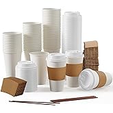 JOLLY PARTY [100 Pack] 16 oz Paper Coffee Cups, Disposable Paper Coffee Cup with Lids, Sleeves, and Stirrers, Hot/Cold Beverage Drinking Cup for Water, Juice or Tea, Suitable for Home,Shops and Cafes