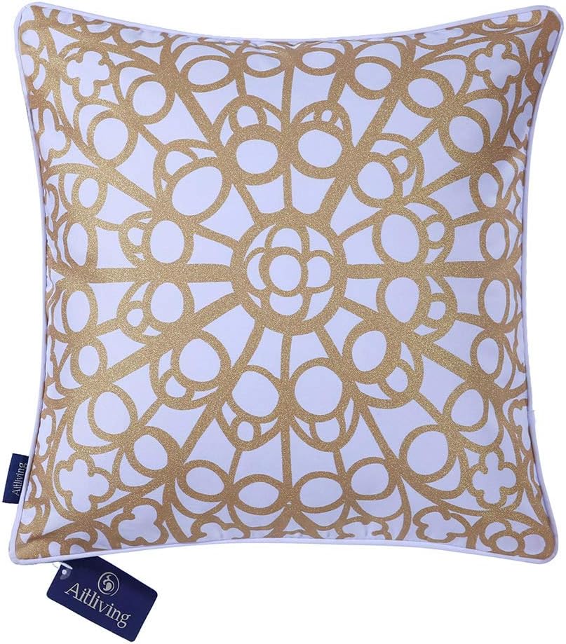 Geometric Eiffel Cushion Cover Abstract Floral Trellis Lattice Pillow Cover Shell Gold Metallic Yellow Print Poly/Cotton Twill 43x43cm Decorative Pillowcase w/ Piping for Couch Sofa Seat Bed 17X17"