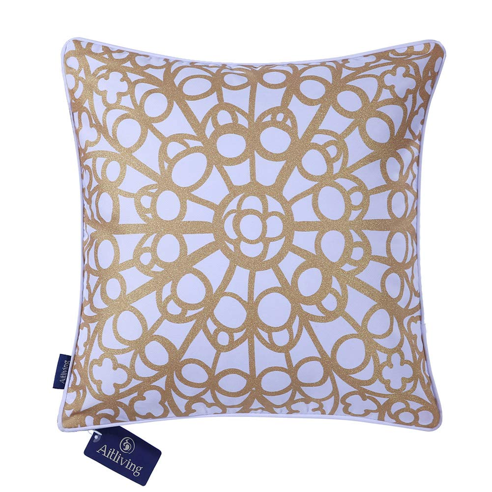 Geometric Eiffel Cushion Cover Abstract Floral Trellis Lattice Pillow Cover Shell Gold Metallic Yellow Print Poly/Cotton Twill 43x43cm Decorative Pillowcase w/ Piping for Couch Sofa Seat Bed 17X17" — image 1