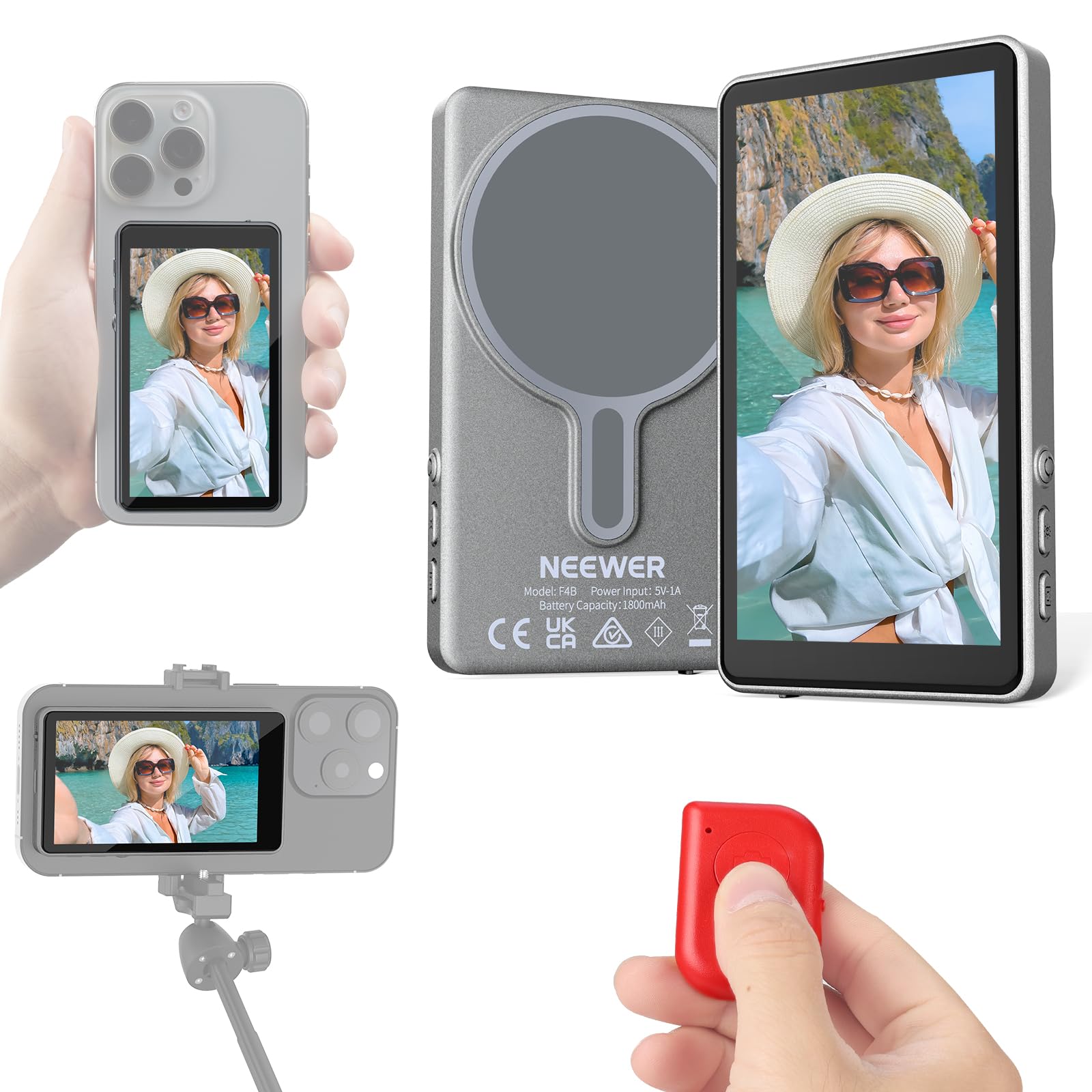 Photo 1 of **DOES NOT TURN ON, FOR PARTS**
NEEWER Basics 4" Vlog Selfie Monitor Screen for iPhone, Magnetic Phone Back Cam Monitor, Wireless Connection/Bluetooth Remote for YouTube Live Stream, NOT Compatible with Google Phones/4K Video, F4B