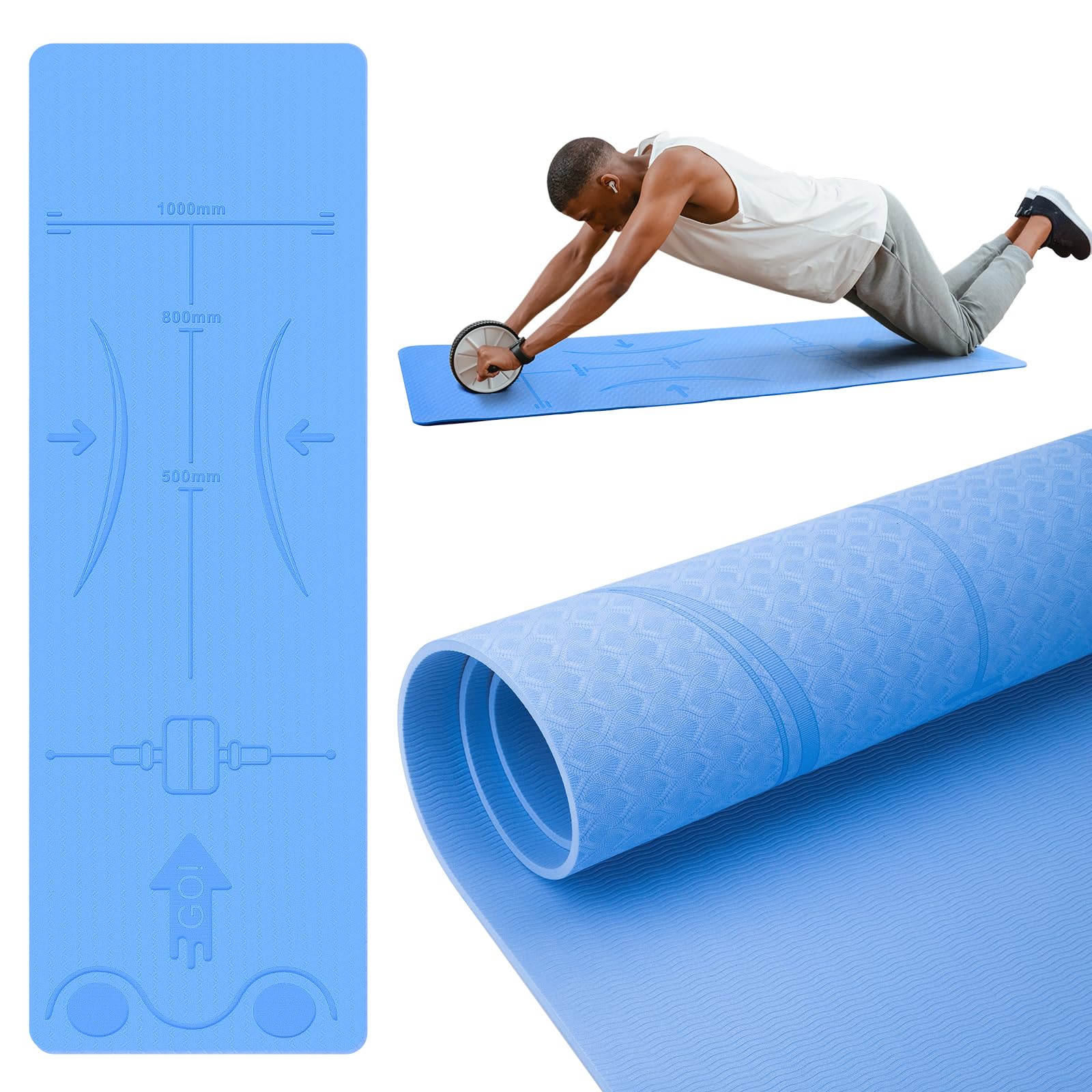 HEDUGO Exercise Equipment Mat for Ab Roller Wheel, Non Slip Abdominal Knee Mat, 6mm Thick Home Gym Floor Pad for Yoga, Pilates, 72"L X 24"W X 0.24"Th, TPE, Blue