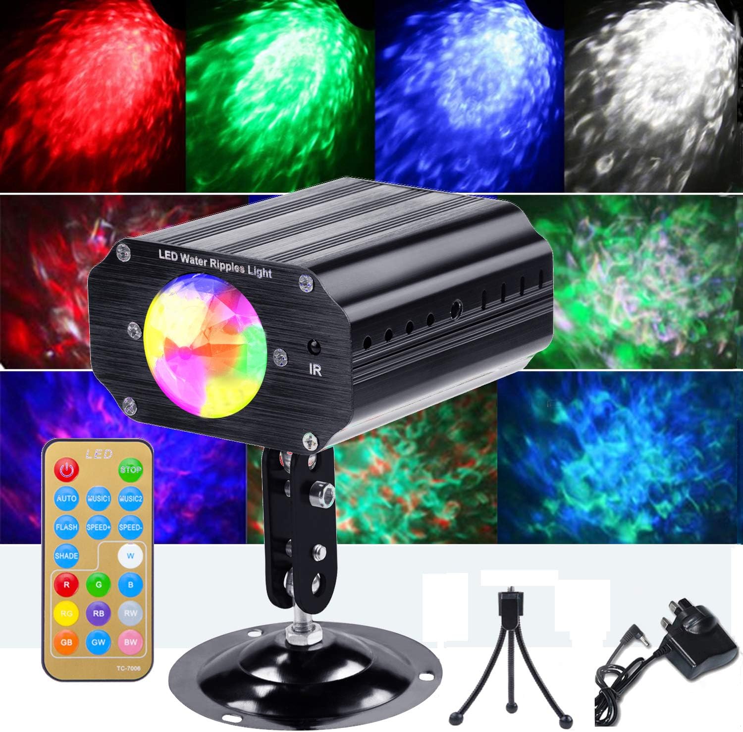 Party Lights, Disco Lights DJ LED Water Ripples lights Projector, Sound Activated LED Stage Lights Strobe Light Disco DJ Clubs Bar Party Lights 10 colors with Remote Control (Full color- 4)