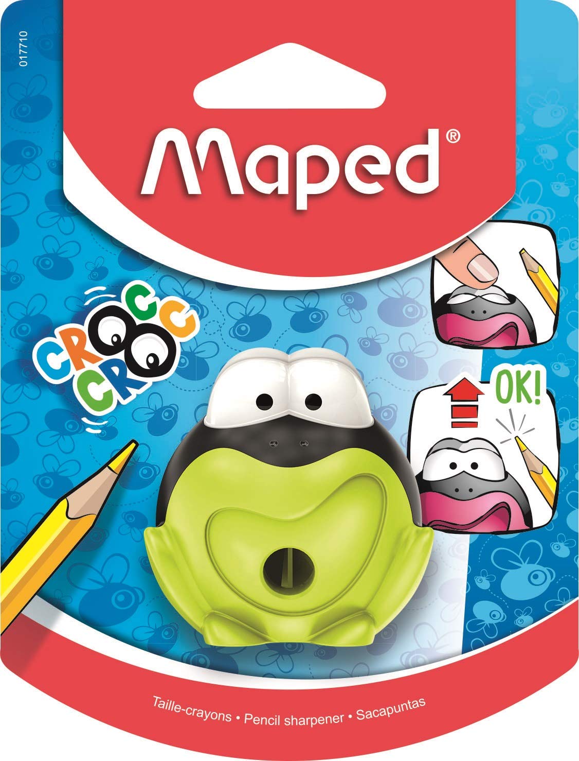Maped - Croc Signal Croc Pencil Sharpener - Pencil Sharpener with Reservoir - For Children from 3 years old - Fun & Innovative - Frog Shape - 1 Hole - Green