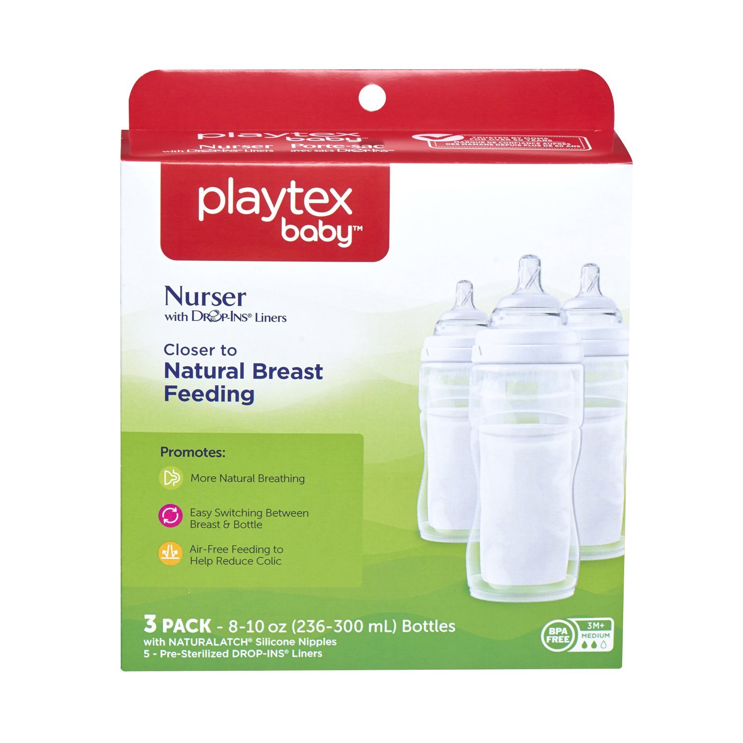 Playtex Baby Nurser Bottle with Pre-Sterilized Disposable Drop-Ins Liners, Closer to Breastfeeding, 8 Ounce Bottles, 3 Count : Baby