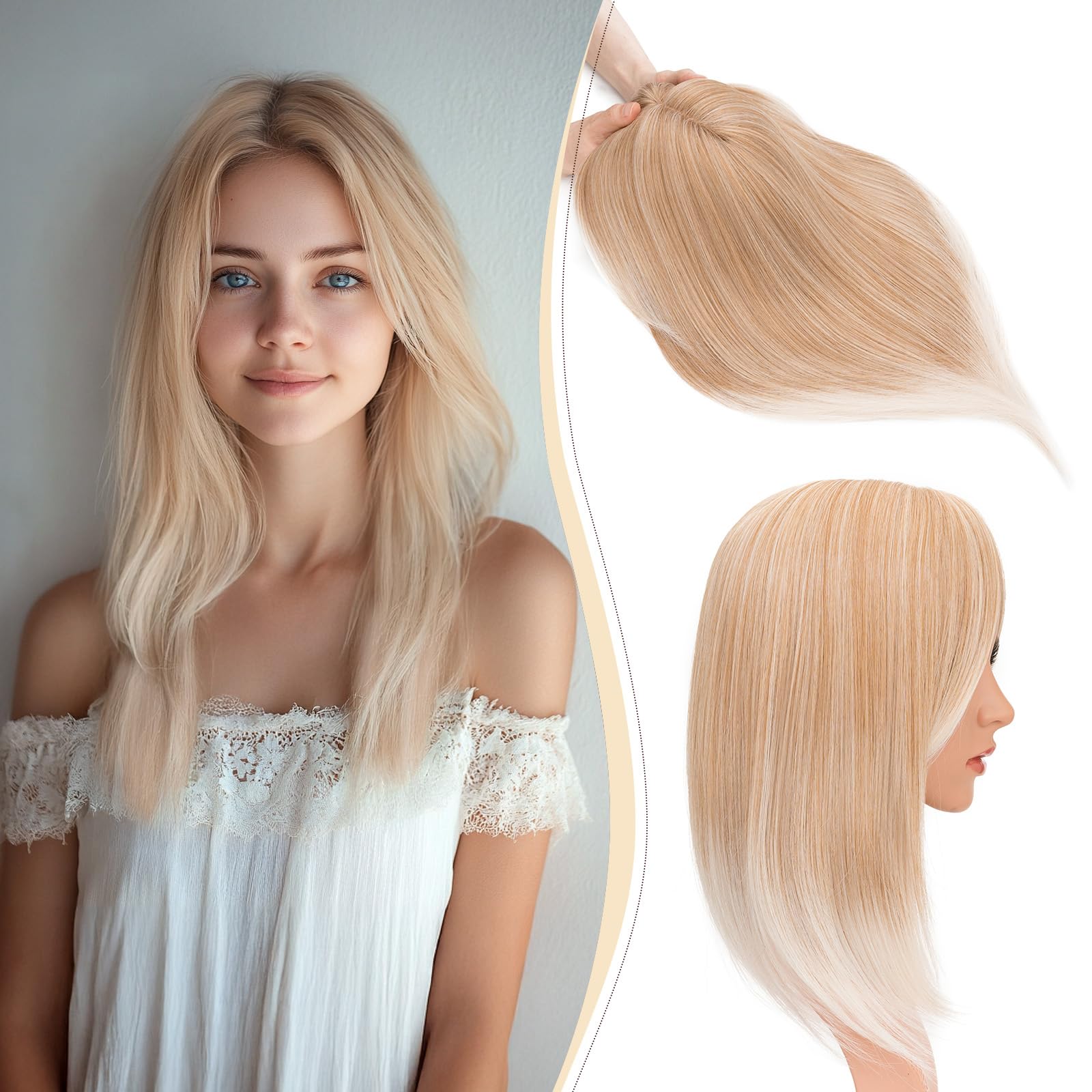 Benehair 14 Inch Hair Topper for Women with Thinning Grey Hair - Clip in Fringe Extensions with 4 Clips - Light Brown to Blonde, 120g