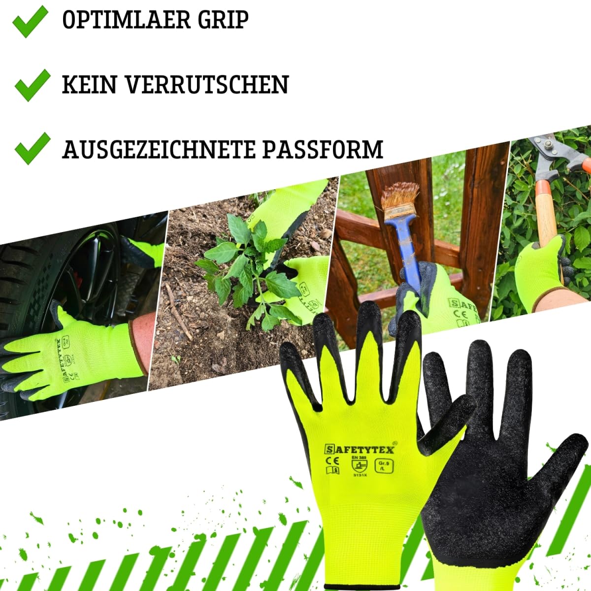 Safetytex 24 Paar Arbeitshandschuhe - Montagehandschuhe mit Latex Beschichtung - neongelbe Handschuhe - Schutzhandschuhe für Haus, Garten, Industrie und Handwerk - Größe 11 6