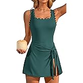 Charmo One Piece Swim Dress Scalloped Square Neck Modest Swimsuits for Women Tummy Control Bathing Suit with Skirt