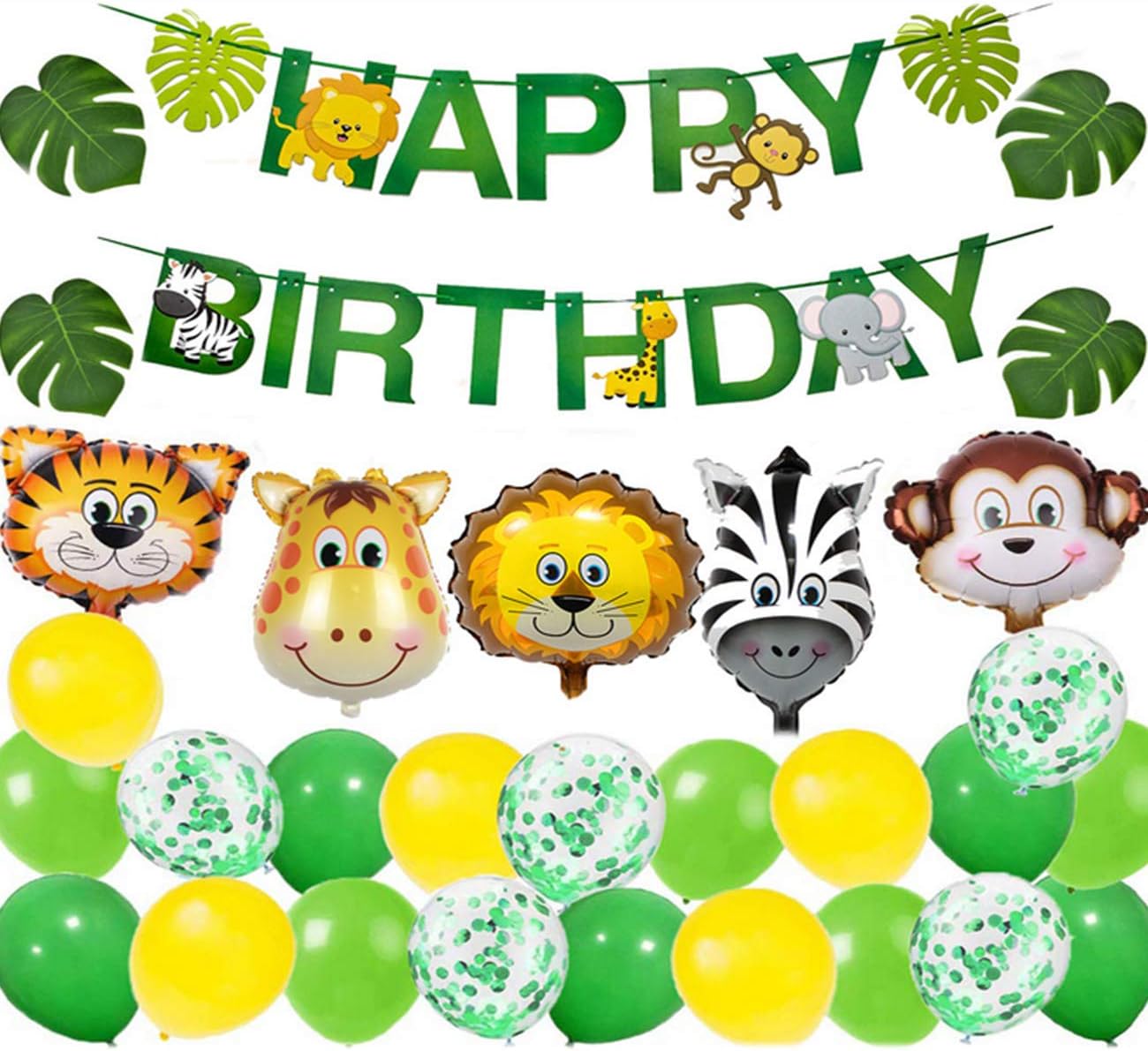 Jungle Theme Party Supplies Safari Happy Birthday Party Decorations Green with Animal Balloons