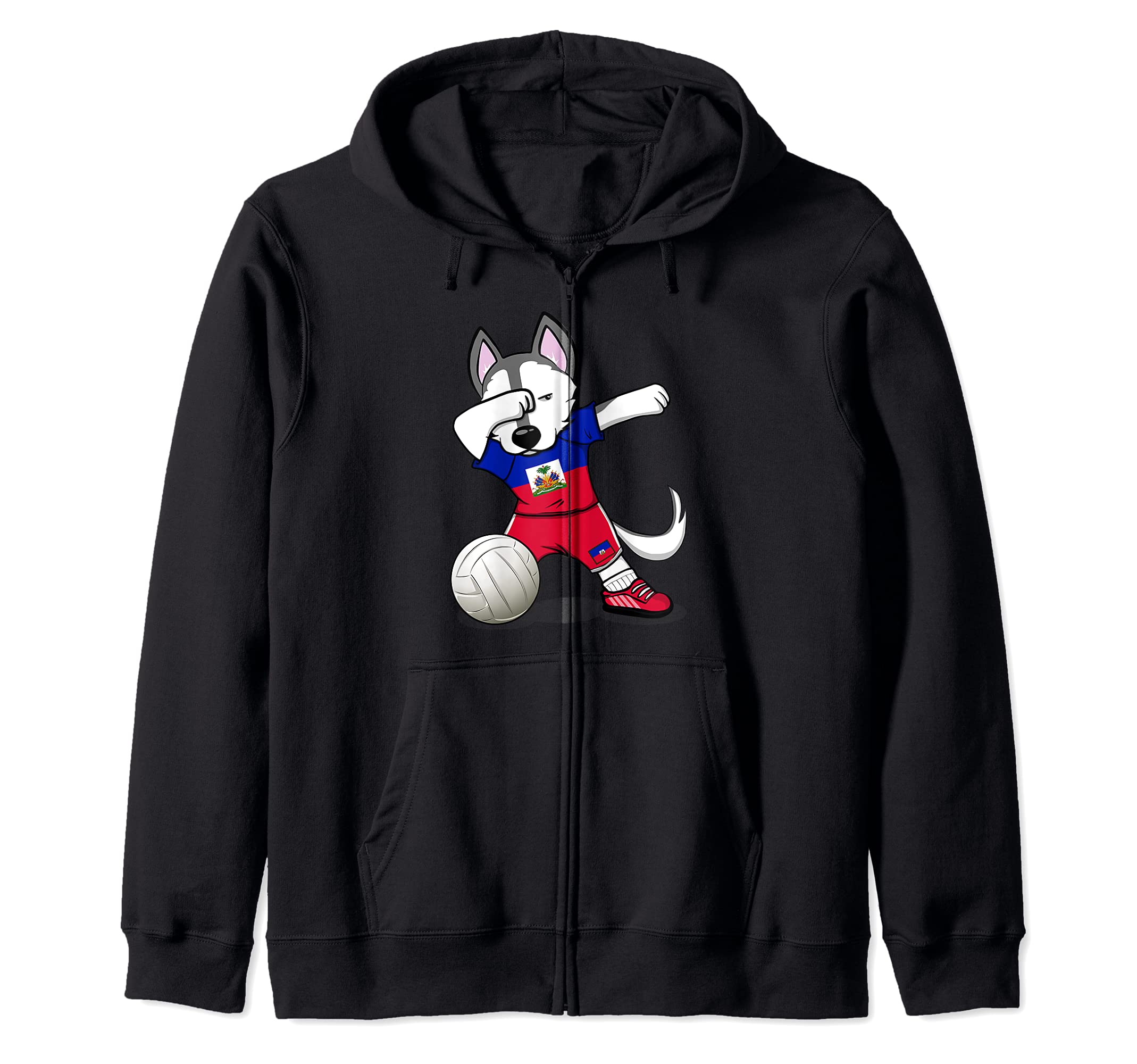 Dabbing Husky Dog Haiti Volleyball Fans Jersey Haitian Flag Zip Hoodie