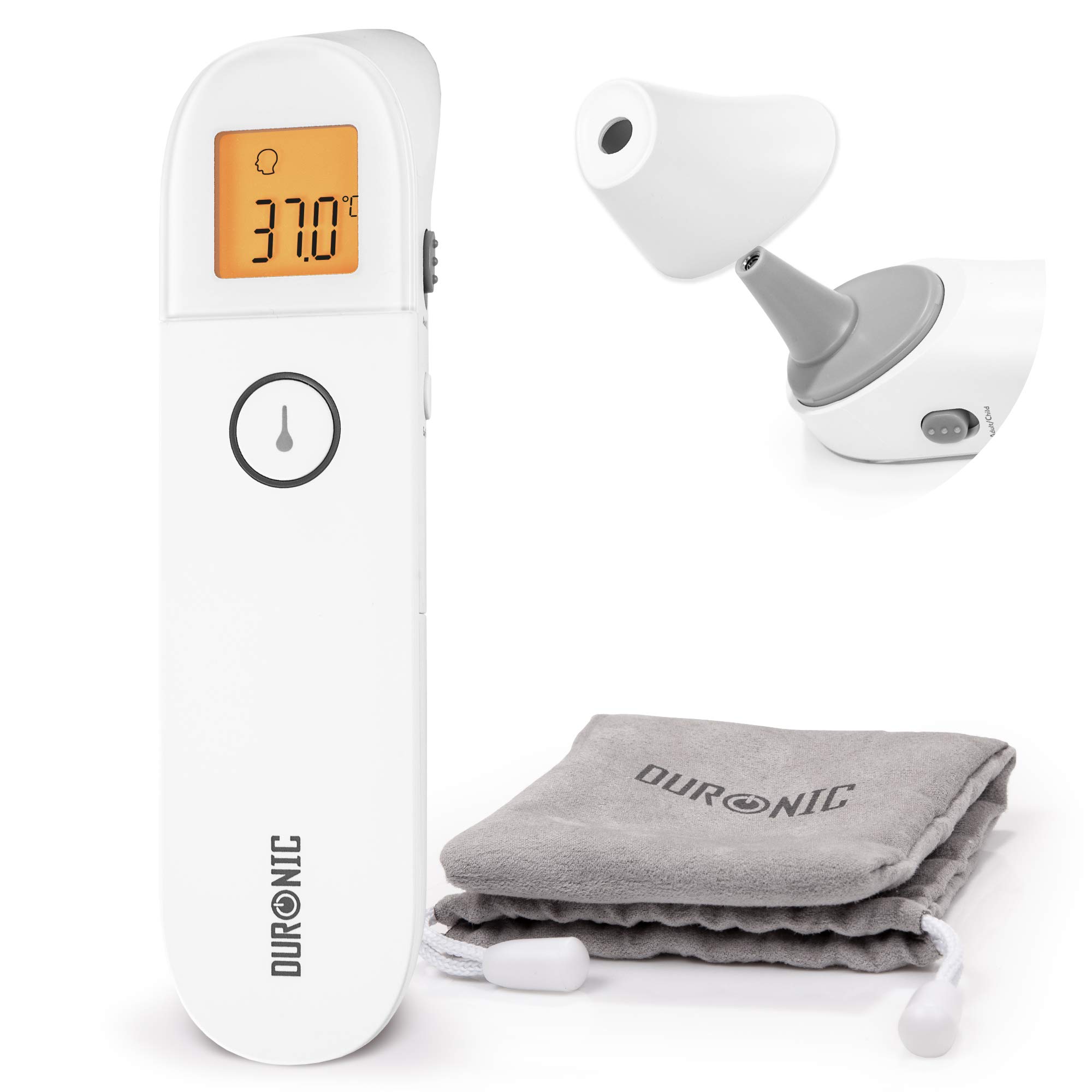 Duronic Ear and Forehead 3 in 1 Thermometer IRT3W Non-Contact Digital Infrared Medical Thermometer for Baby Child & Adult, Easy Operation, Instant Accurate Results, Grey Pouch Included