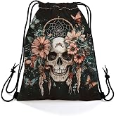 Zhepsidion Floral Skull Dual-Sided Print Drawstring Bag -4 | Reusable Drawstring Backpack, Adjustbale Cord & Inner Zipper Pocket, Floral Skull Present for Women Friends