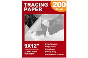 PTRBTY&HISDE Tracing Paper 9x12 inch, A4 Size 200 Sheets（32lb/50gsm） Transparent Vellum Paper for Tracing Pads, Wrinkle Free Highly Drawing,Marker and Ink Trace Images, Adult and Student or Artists