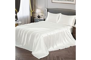 Vonty Satin Sheets Twin Silky Soft Satin Bed Sheets Ivory White Sheet Set, 1 Deep Pocket Fitted Sheet + 1 Flat Sheet + 1 Pillowcases